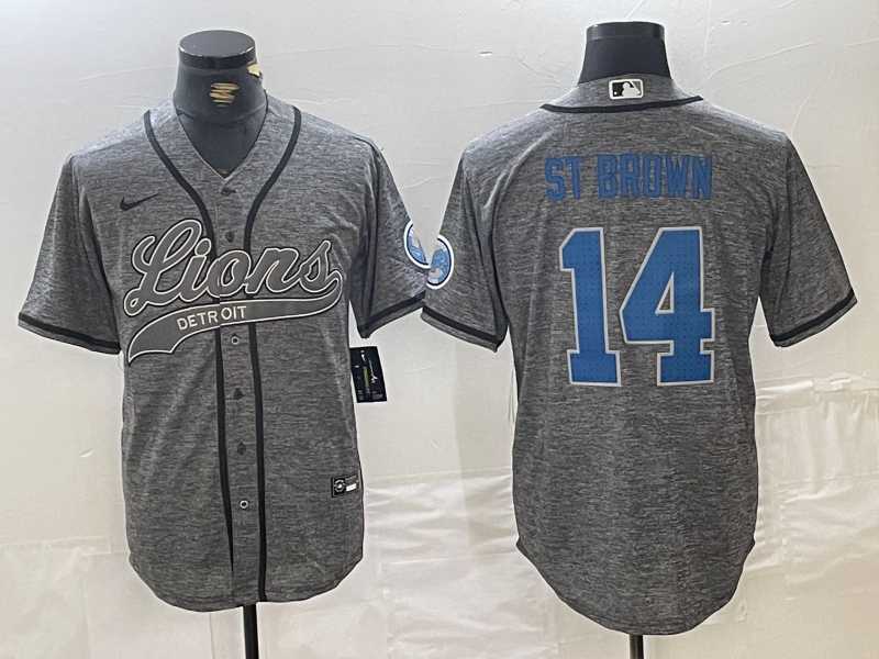 Mens Detroit Lions #14 Amon-Ra St. Brown Gray Cool Base Stitched Baseball Jersey